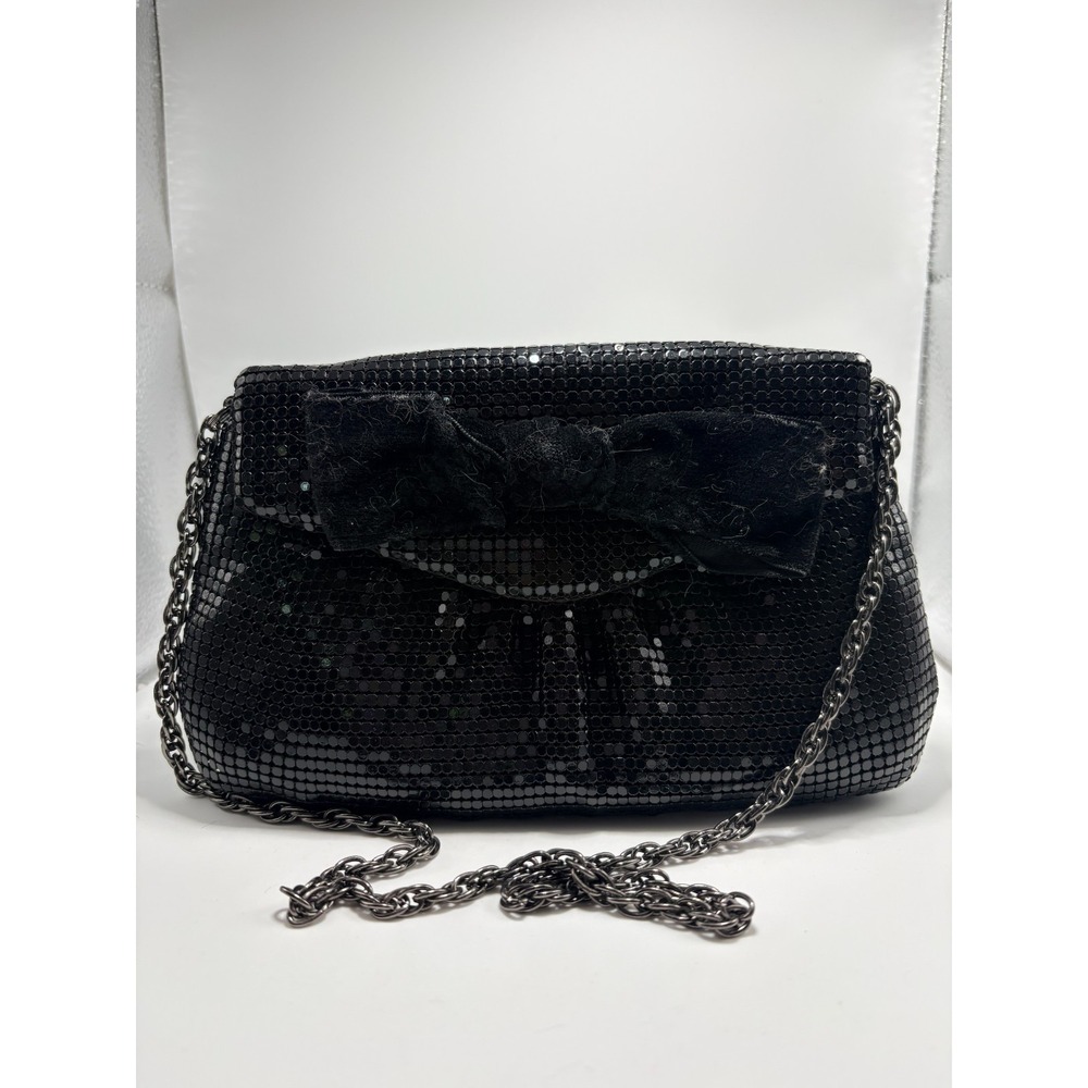 Whiting and Davis Style Black Mesh Evening Bag with Velvet Bow, Chain Strap